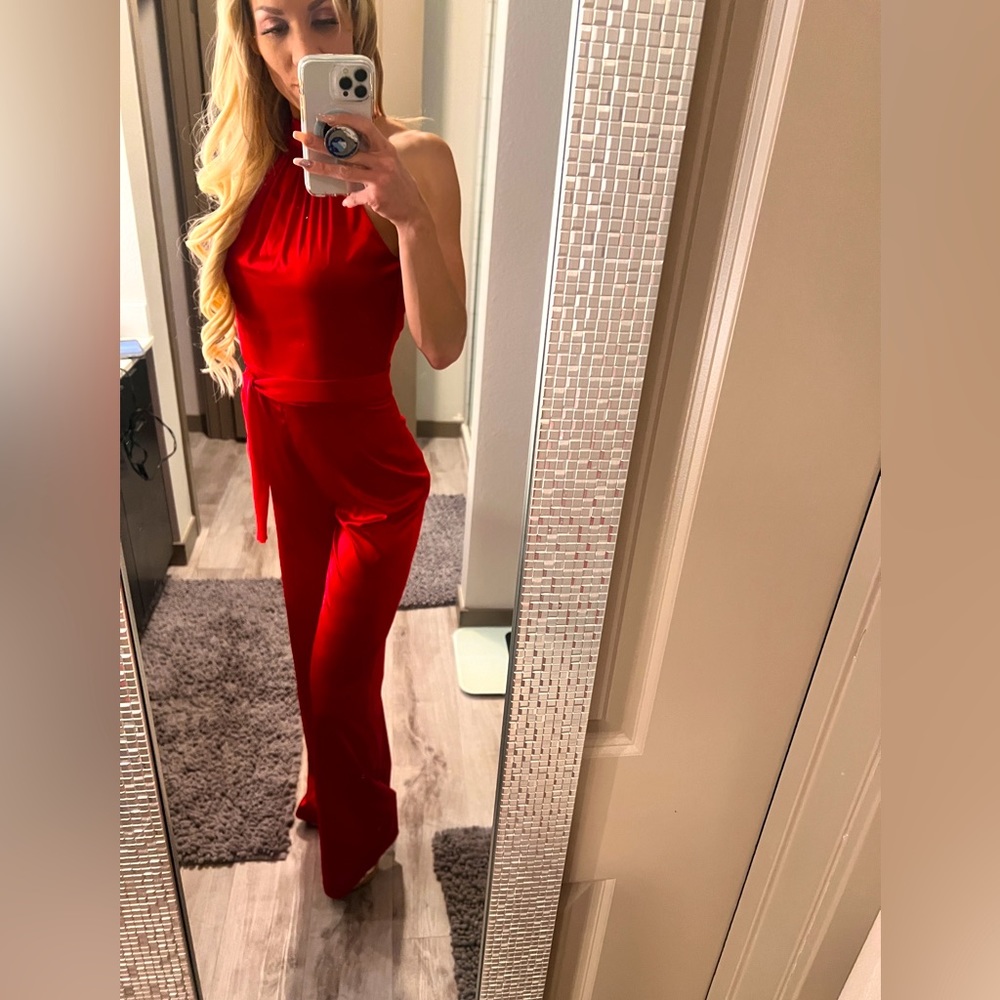 NWOT BEBE elegant red satin feeling pant jumpsuit